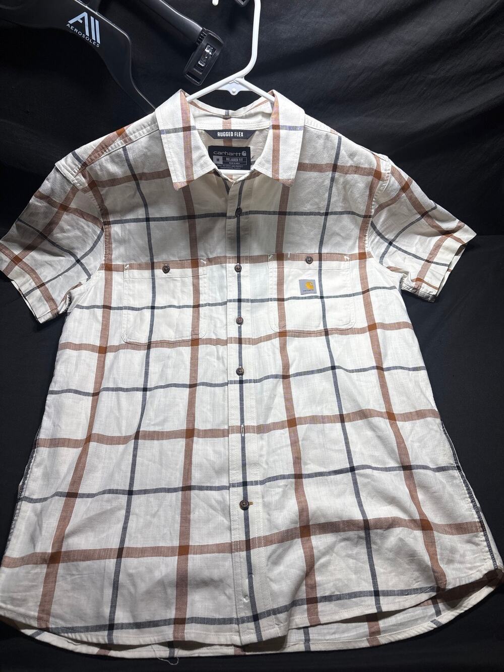 Carhartt Rugged Flex Short Sleeve Button Up Shirt Mens Medium Cream Brown Plaid